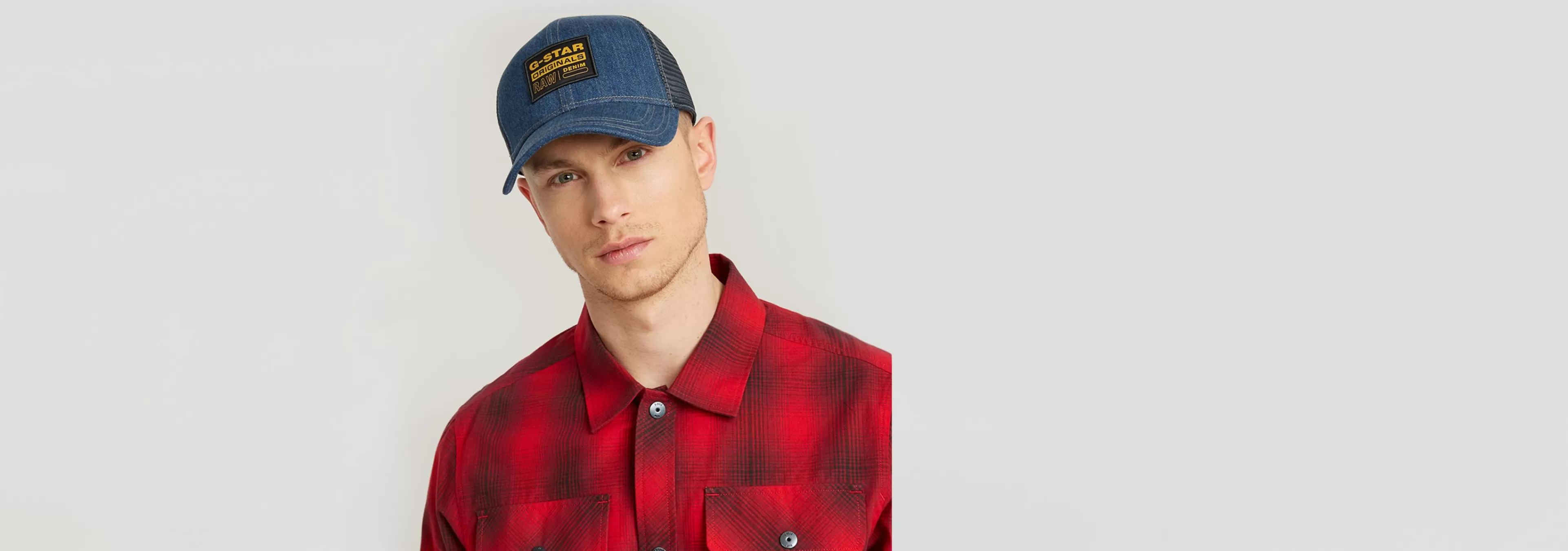 Fashion G-Star Denim Embro Baseball Trucker Cap worn in sentry blue