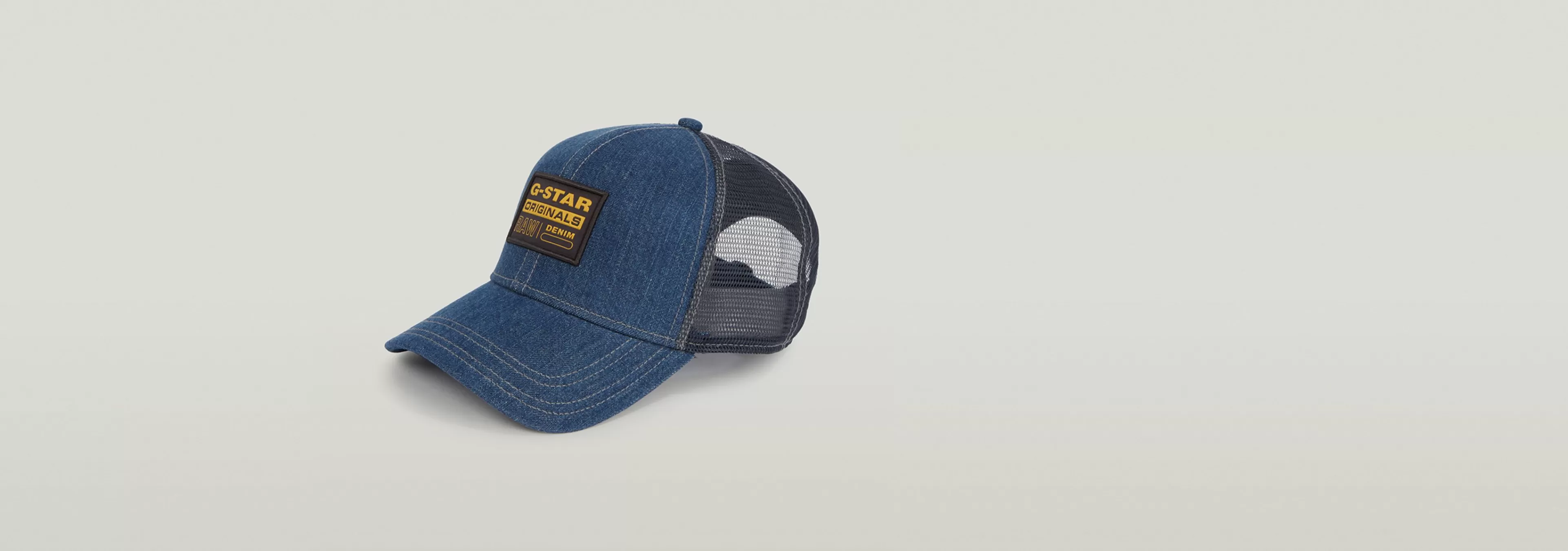 Fashion G-Star Denim Embro Baseball Trucker Cap worn in sentry blue